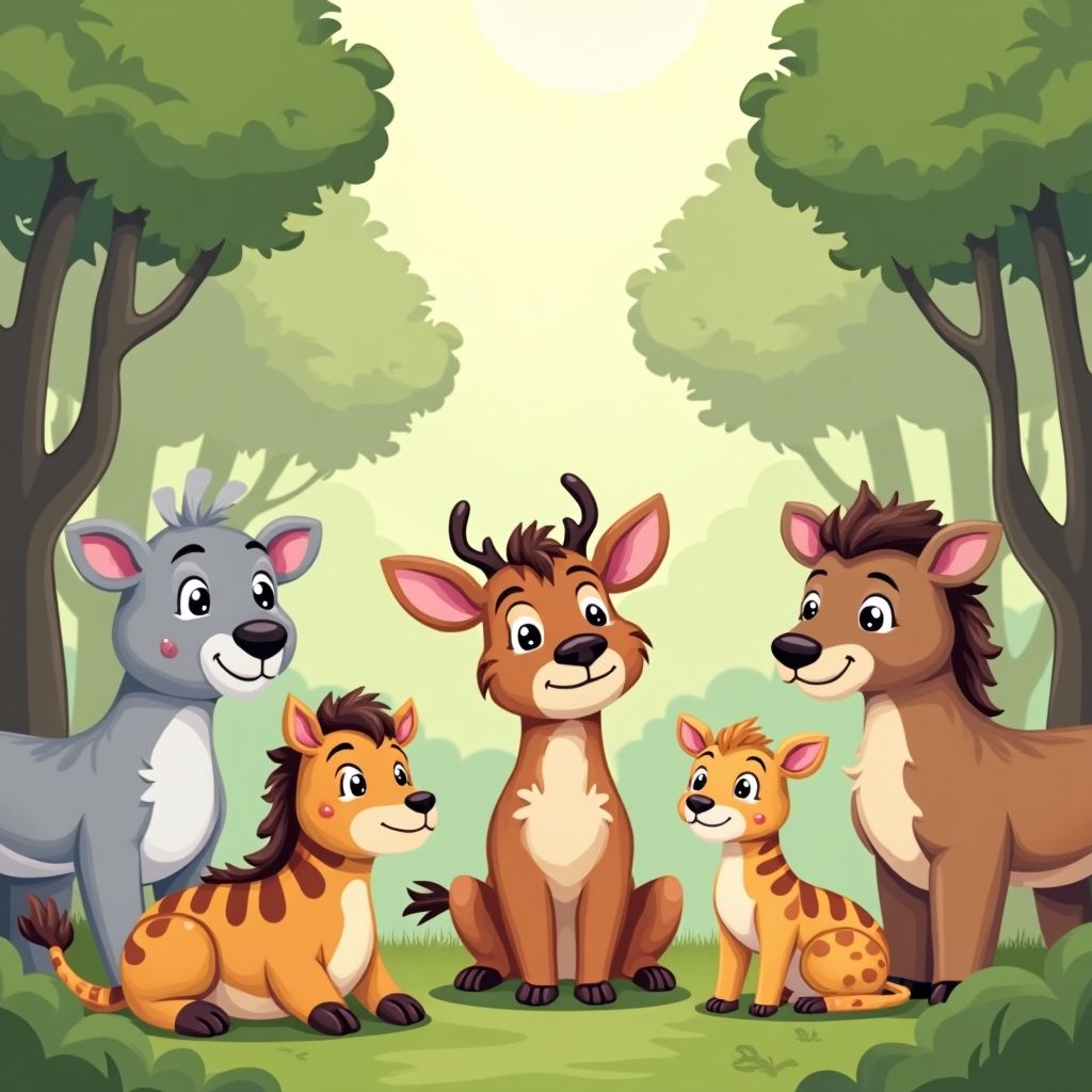 Set of wild animals in the forest, in...