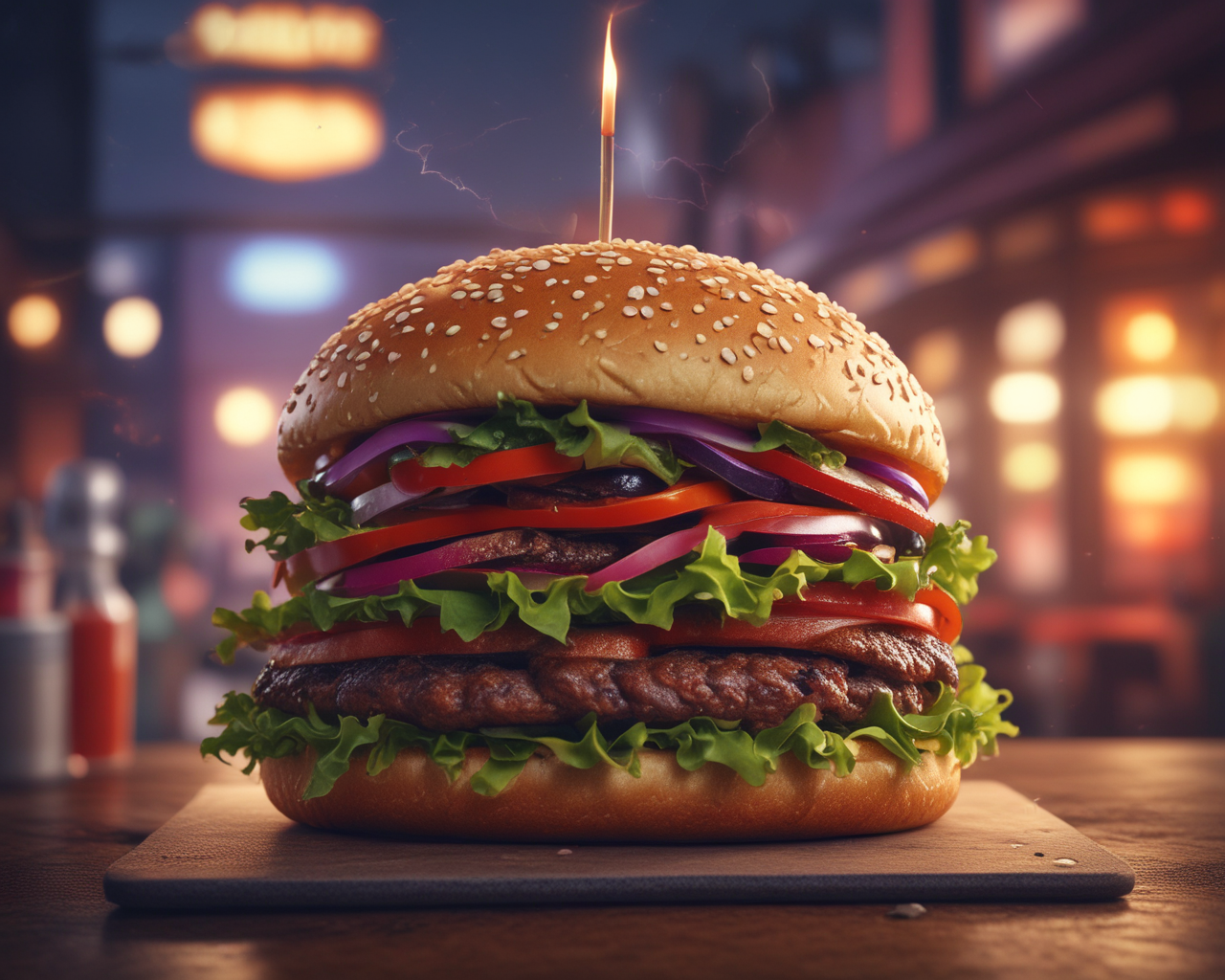 A burger with patty, promotional phot...