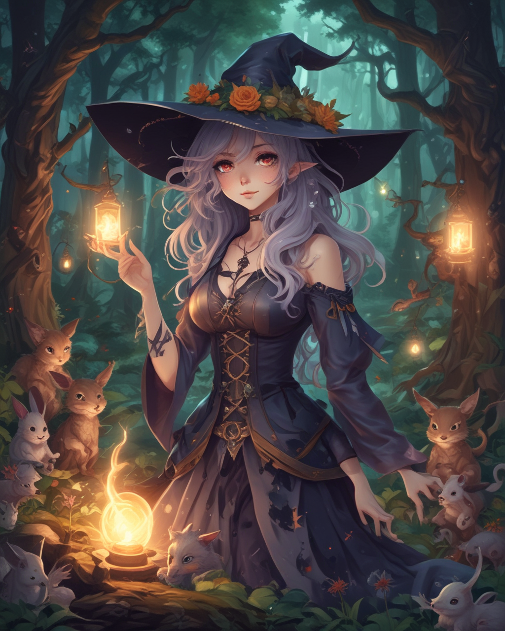 A anime witch woman painting, in a fo...