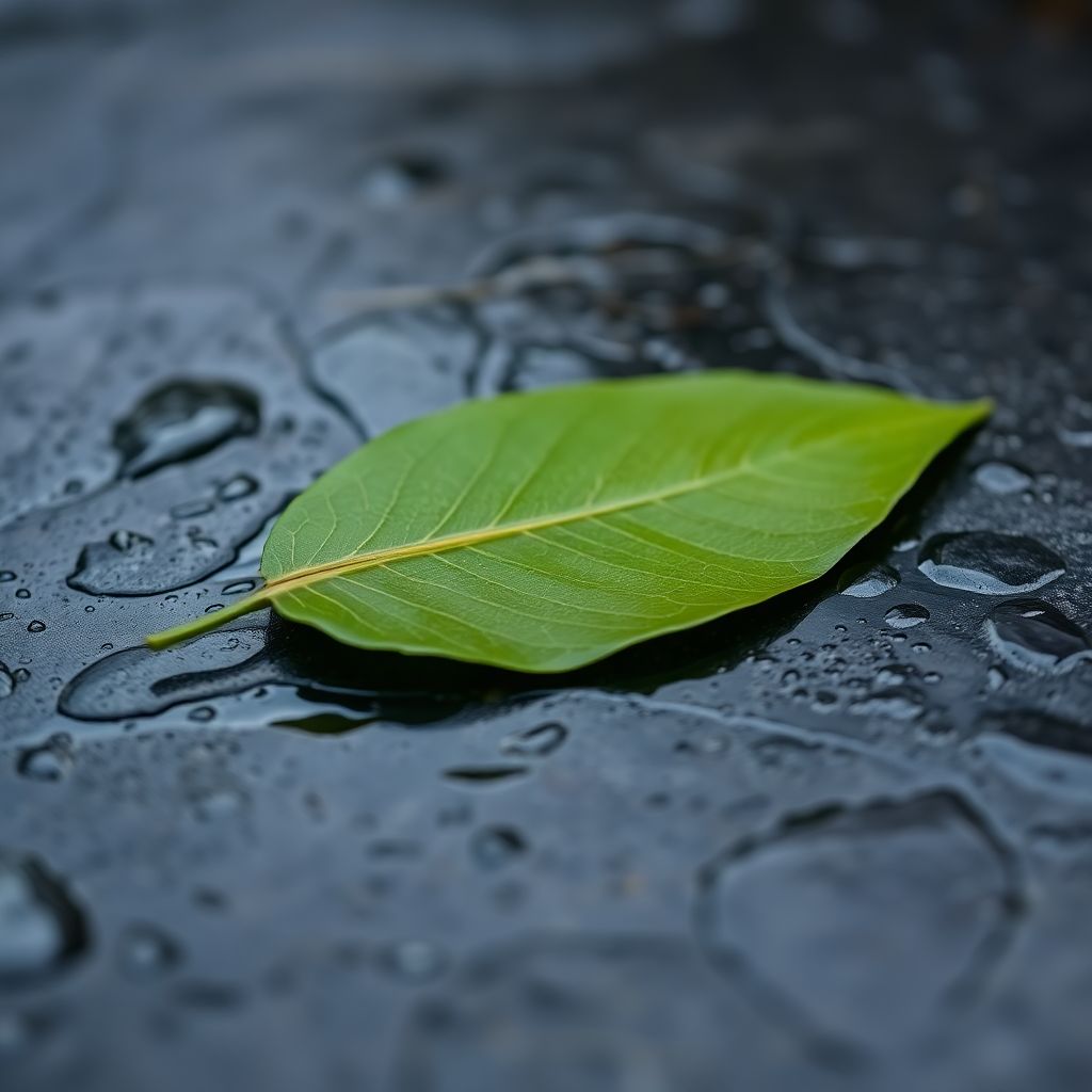 a single green leaf resting on wet sl...